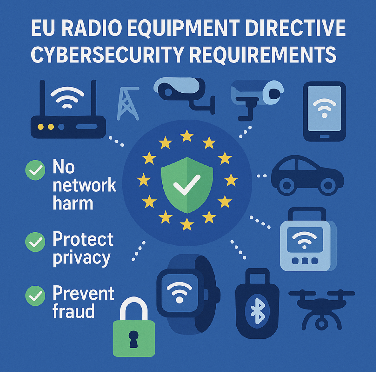 RED (Radio Equipment Directive) cybersecurity overview showing Articles 3(3)(d), (e), and (f) requirements for network protection, data privacy, and fraud prevention