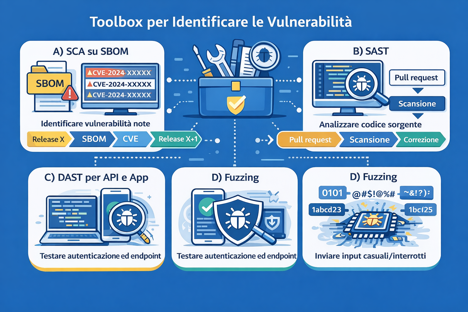 Vulnerability detection toolbox showing SCA, SAST, DAST, Fuzzing, and Hardening review