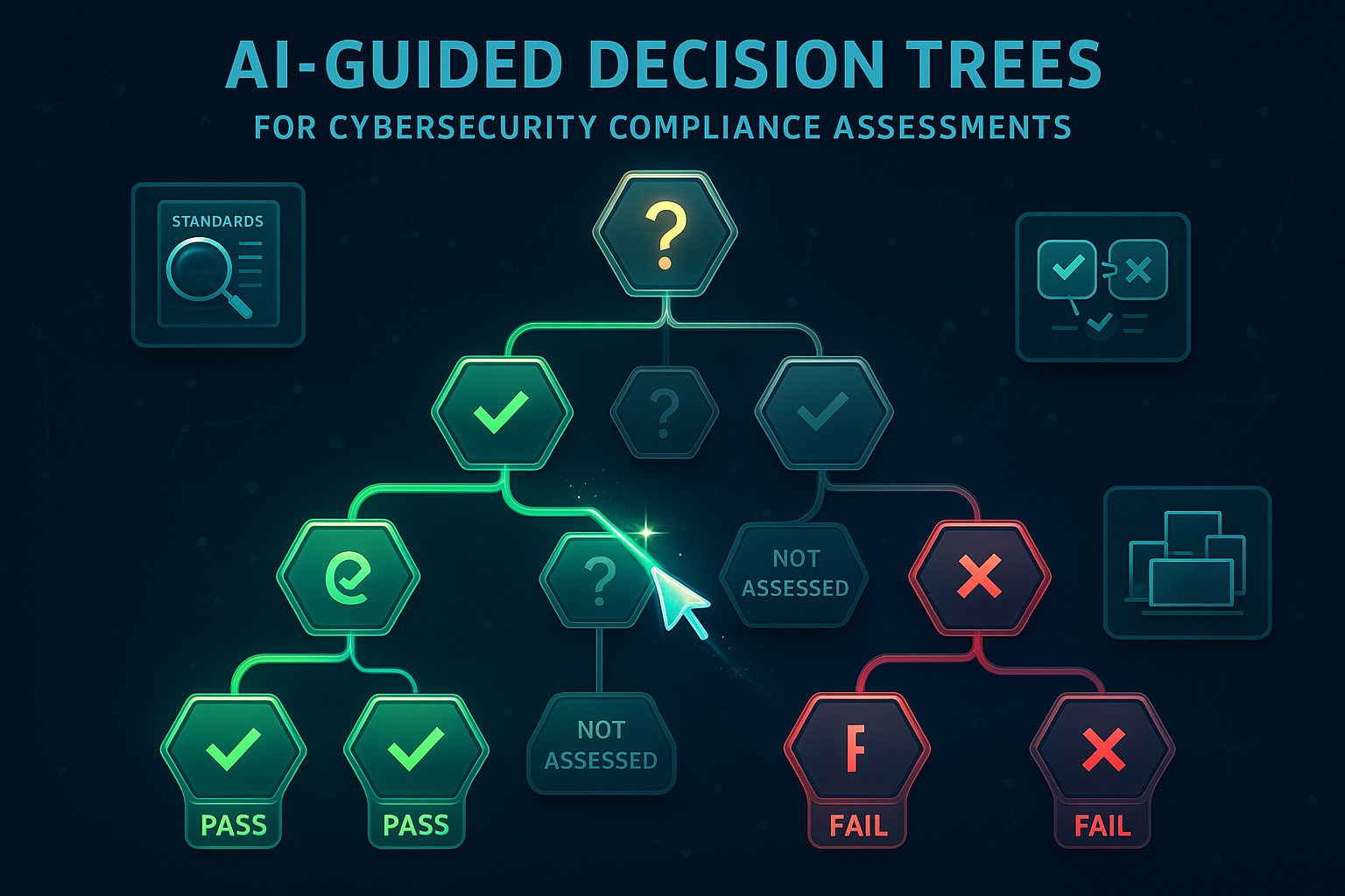 AI-guided decision trees navigating compliance questions to PASS/FAIL outcomes
