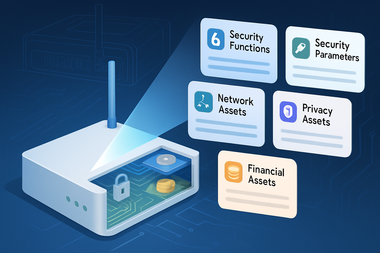 Identifying and cataloguing security assets - security functions, parameters, network, privacy, and financial assets