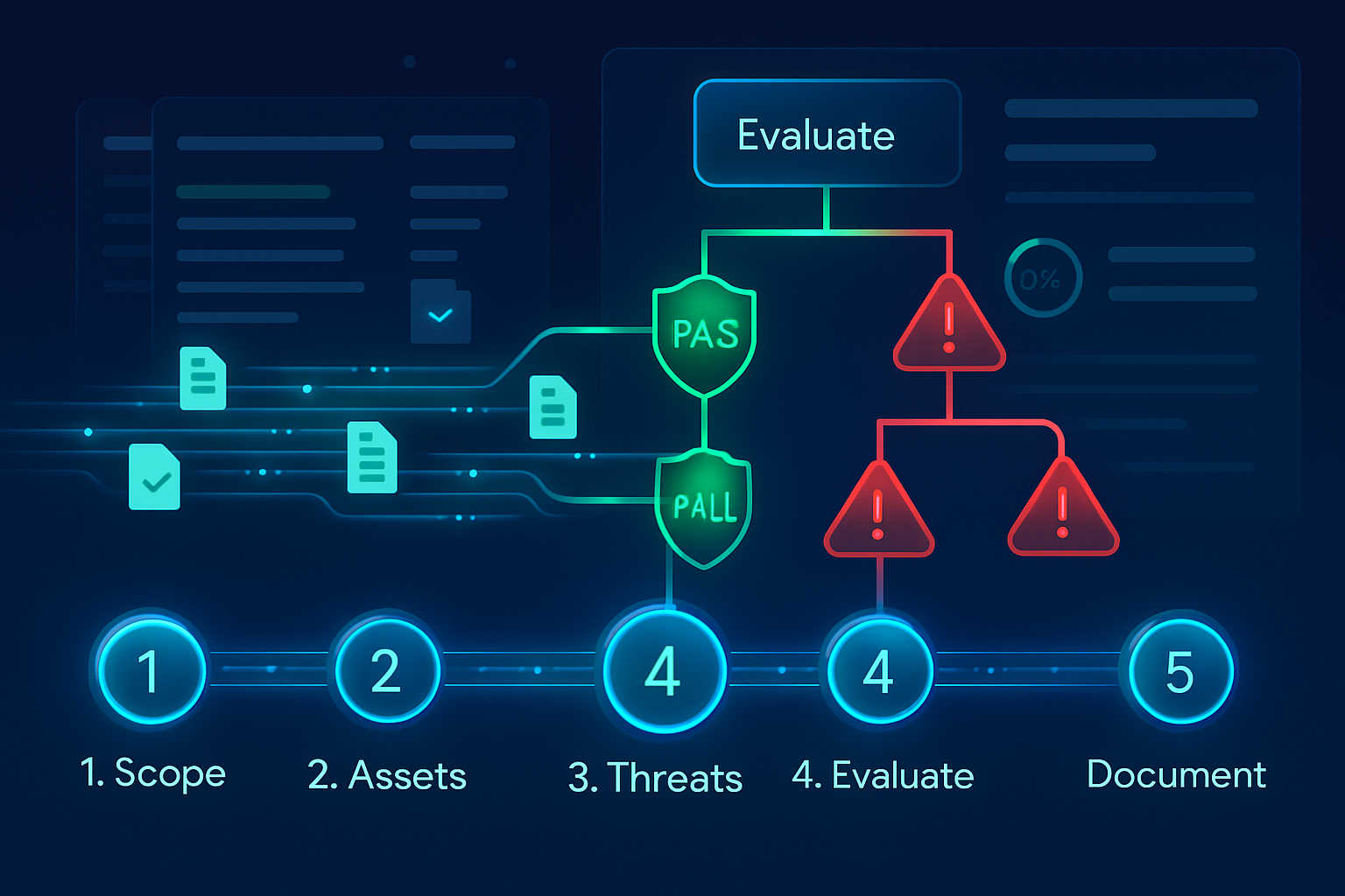 Step-by-step risk assessment workflow with decision trees producing PASS/FAIL outcomes