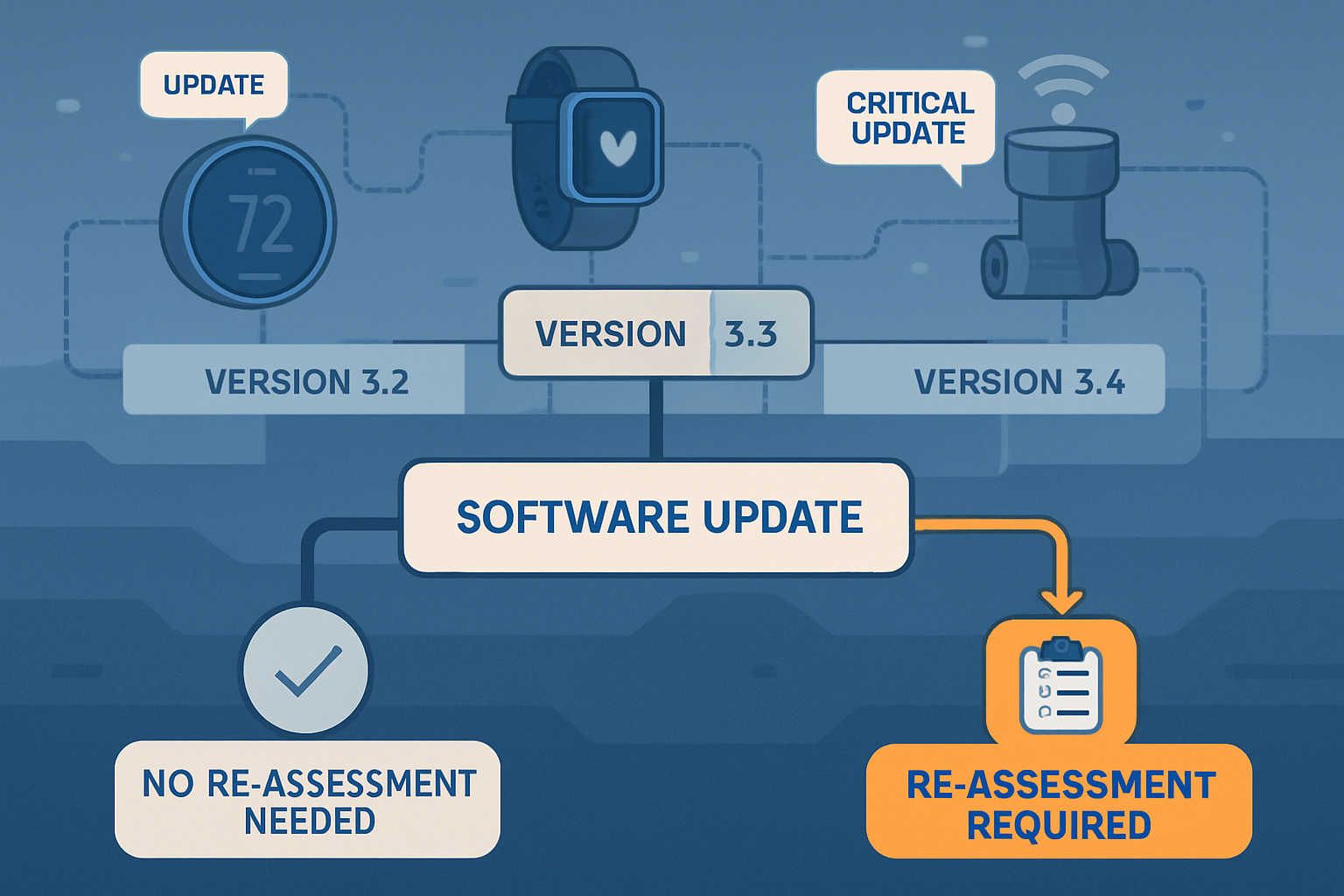 Decision flowchart showing when software updates trigger EN 18031 compliance re-assessment
