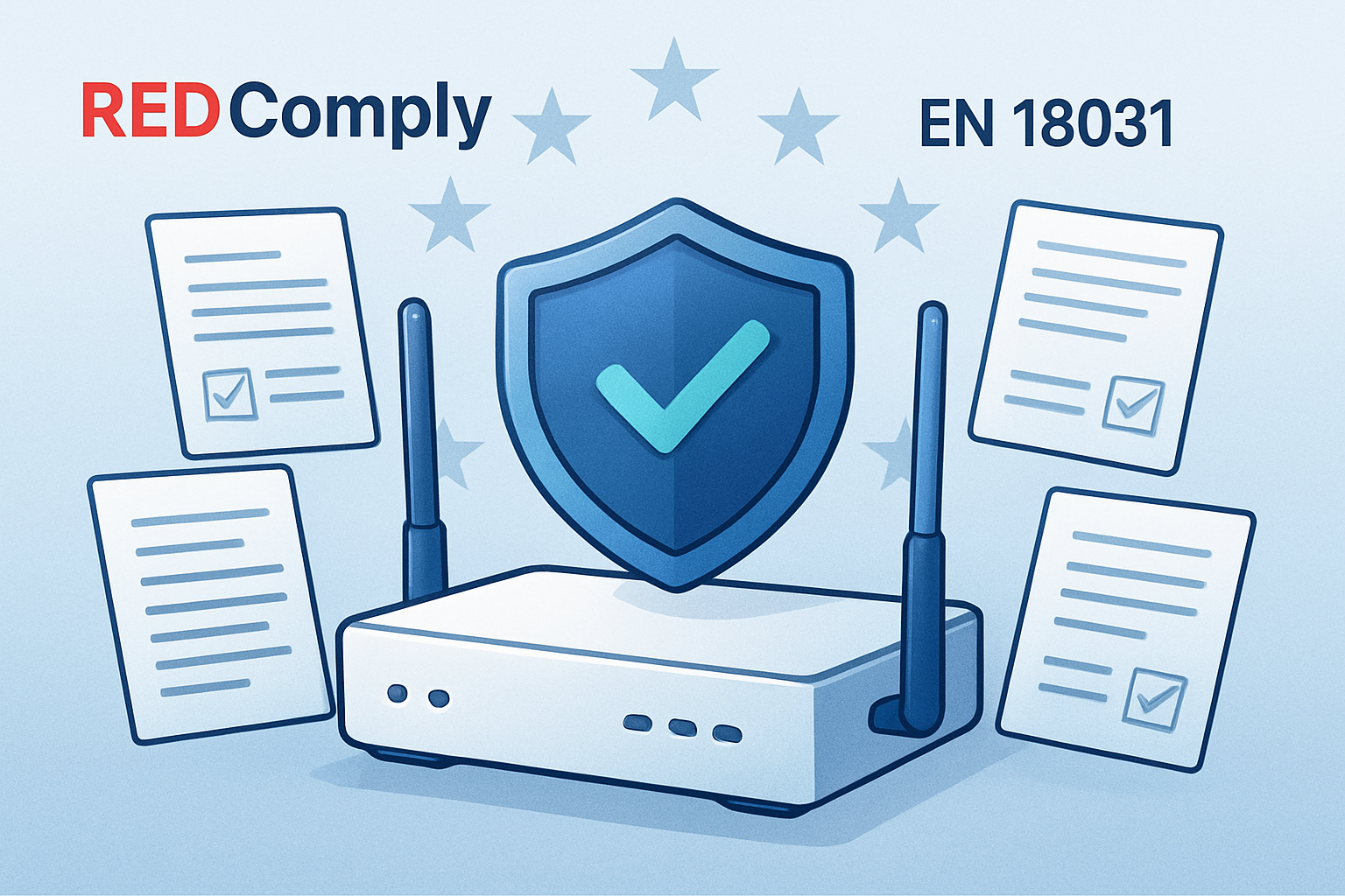 Autovalutazione per la conformita cybersicurezza RED secondo EN 18031 - dispositivo connesso con scudo e documentazione di conformita