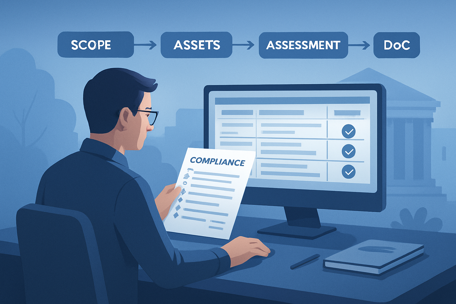 Valutazione di conformita Modulo A - ingegnere che esamina documentazione di conformita su monitor con diagramma di flusso