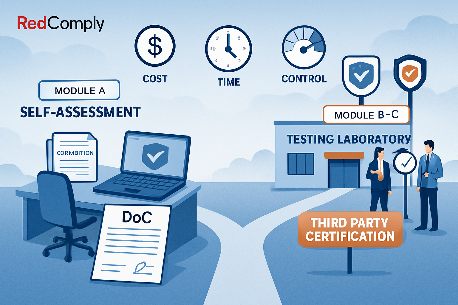 Confronto tra autovalutazione Modulo A e certificazione di terze parti Modulo B+C per la conformita cybersicurezza RED