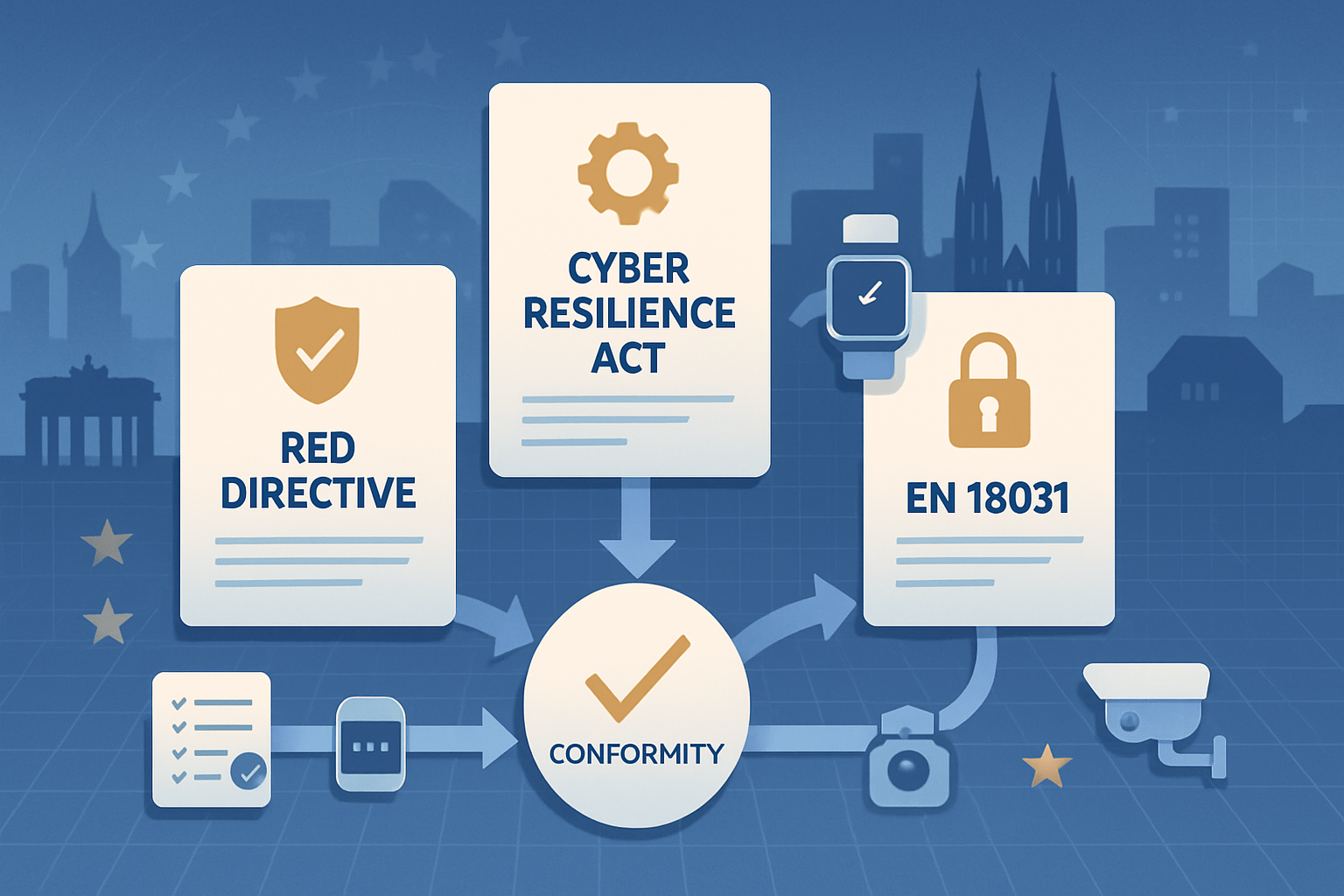 Interconnected EU cybersecurity regulations - RED Directive, Cyber Resilience Act, and EN 18031 working together