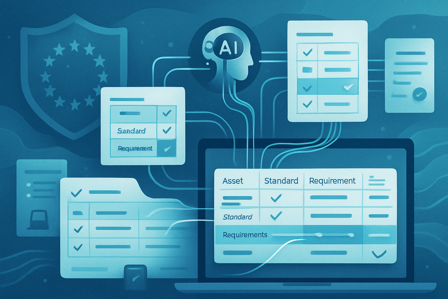 AI automating EN 18031 compliance documentation with structured tables and data flows