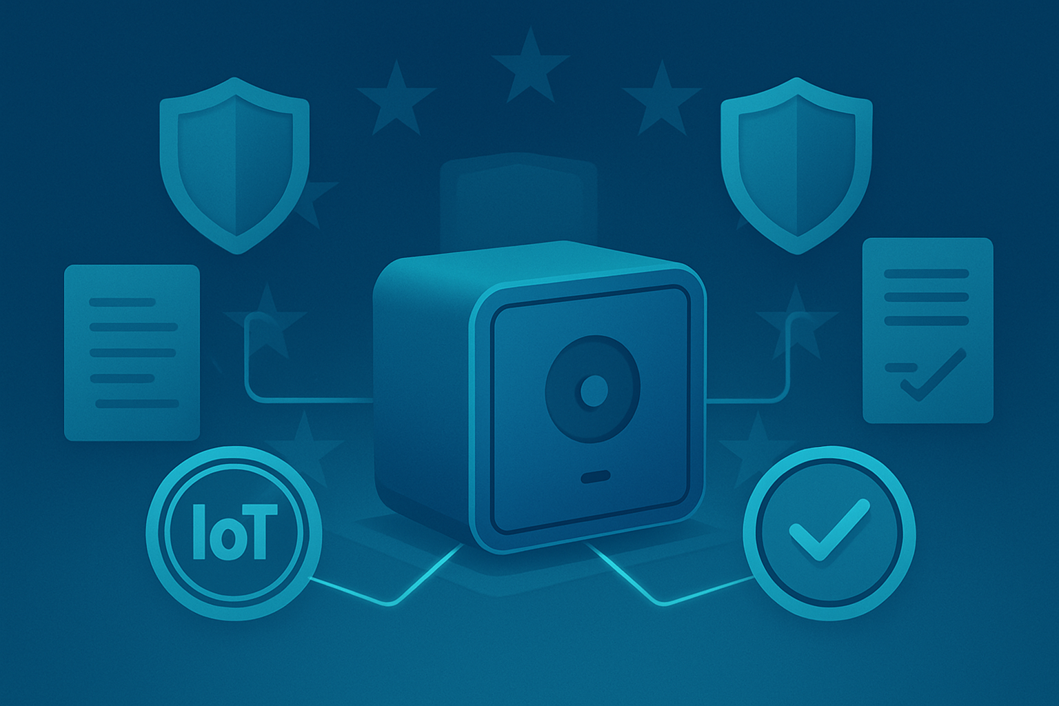 Panoramica degli standard di cybersicurezza IoT essenziali con scudi e motivi di conformita