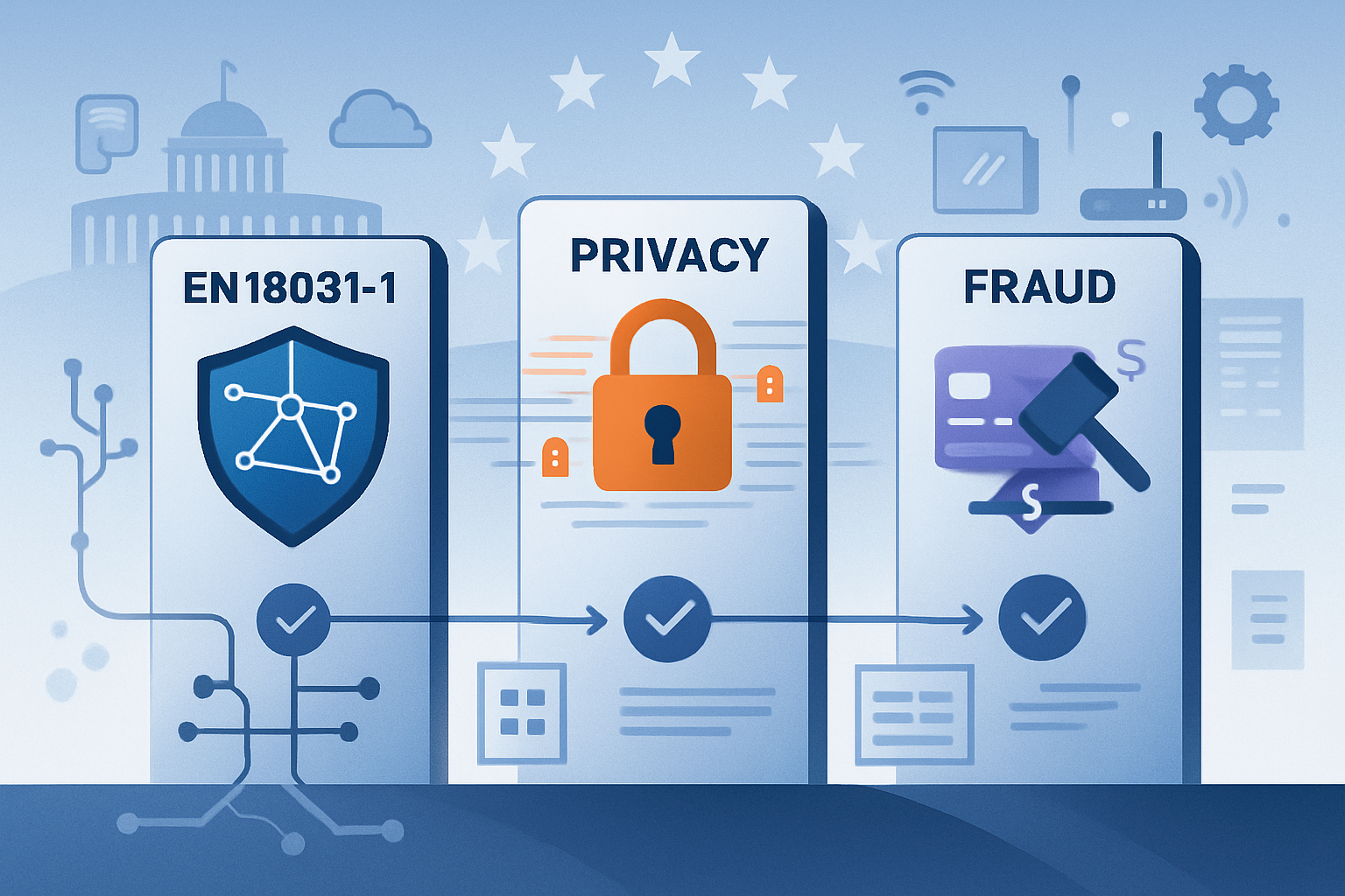 Le tre parti della EN 18031 che coprono sicurezza di rete, privacy e prevenzione frodi