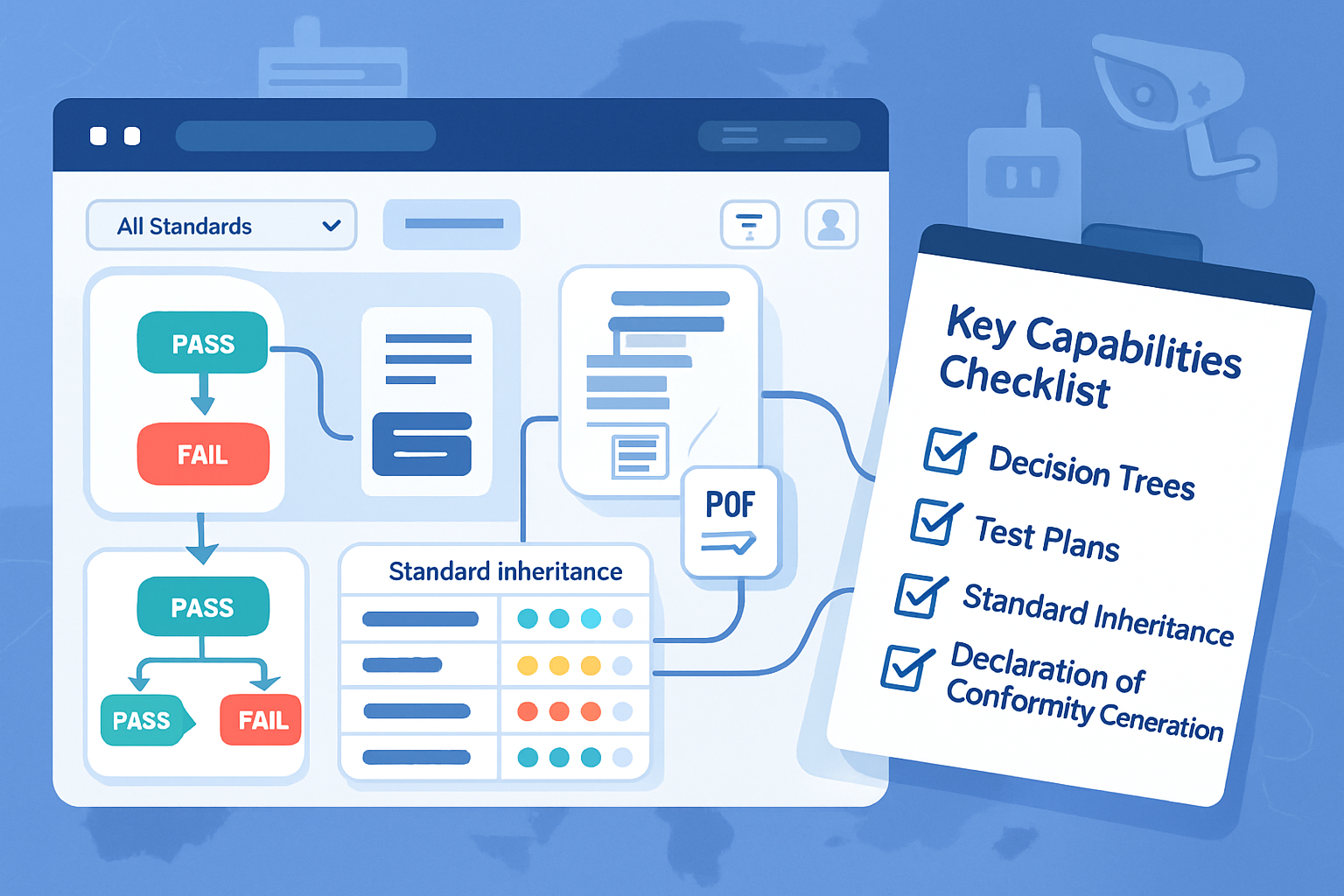 Checklist delle funzionalita essenziali per il software di gestione della conformita EN 18031 inclusi alberi decisionali, piani di test e generazione DoC
