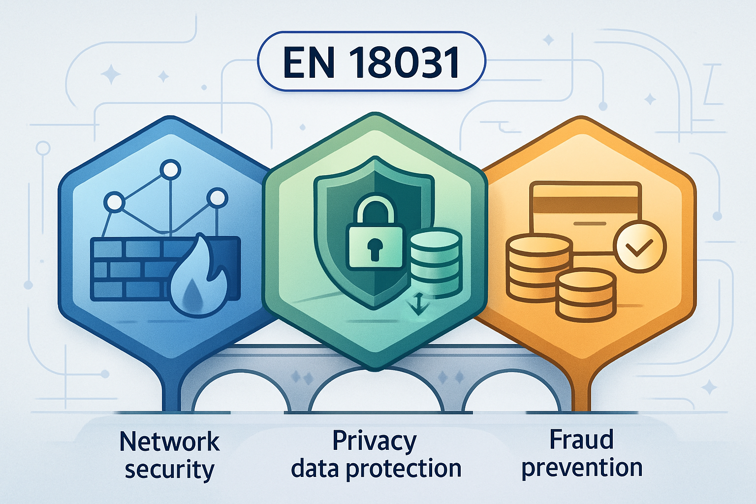 EN 18031 three-part structure: network security, privacy protection, and fraud prevention mapped to RED Articles 3.3(d), 3.3(e), and 3.3(f)