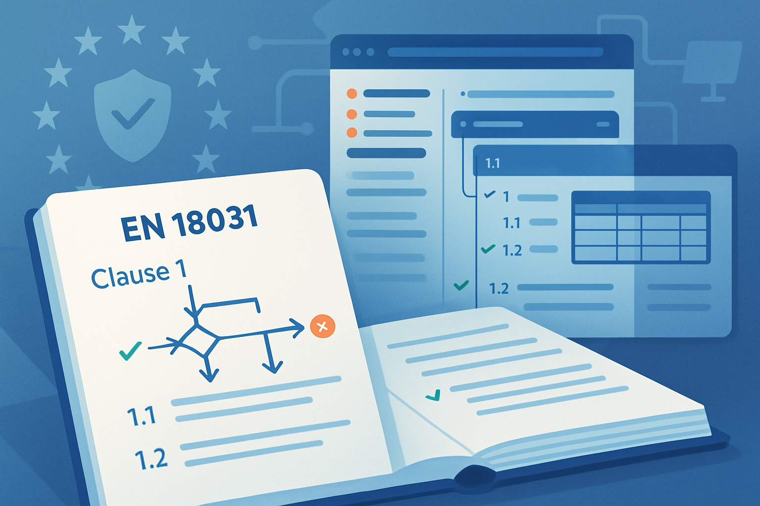 EN 18031 clause structure showing sections, tables, and decision trees