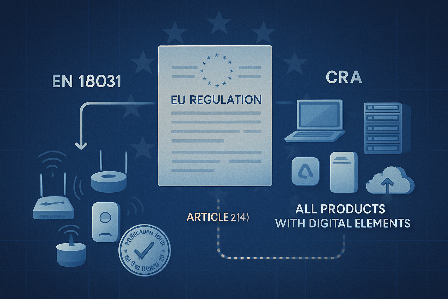 Diagram explaining how EN 18031 and the EU Cyber Resilience Act relate as layered frameworks for radio equipment and digital products