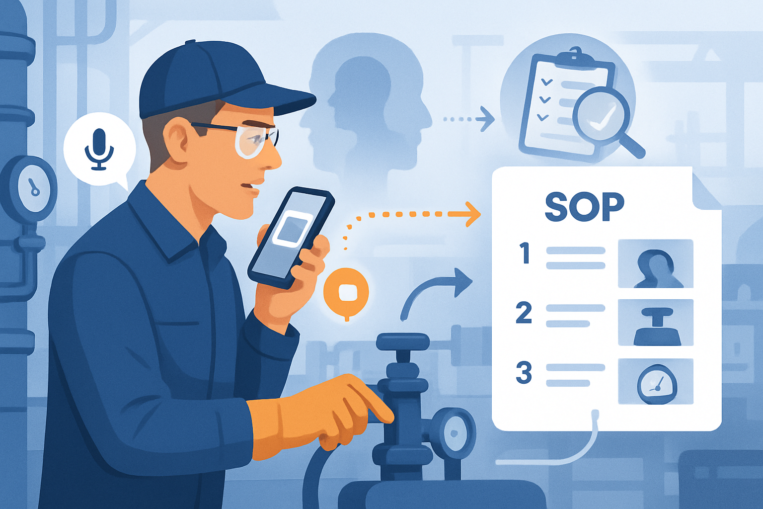 Capturing tacit shop-floor and lab procedures - a technician narrating and photographing a procedure that an AI turns into a structured SOP, with an audit verification motif