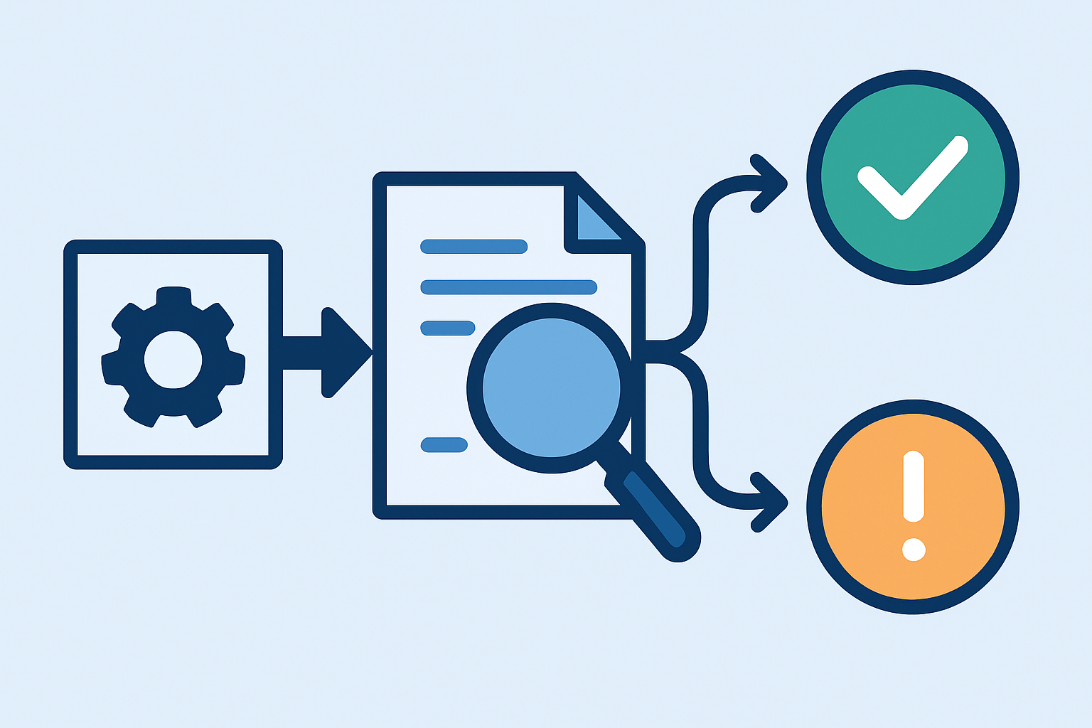 A three-stage pipeline: build, then scan, then a fork ending in a green checkmark or an amber warning
