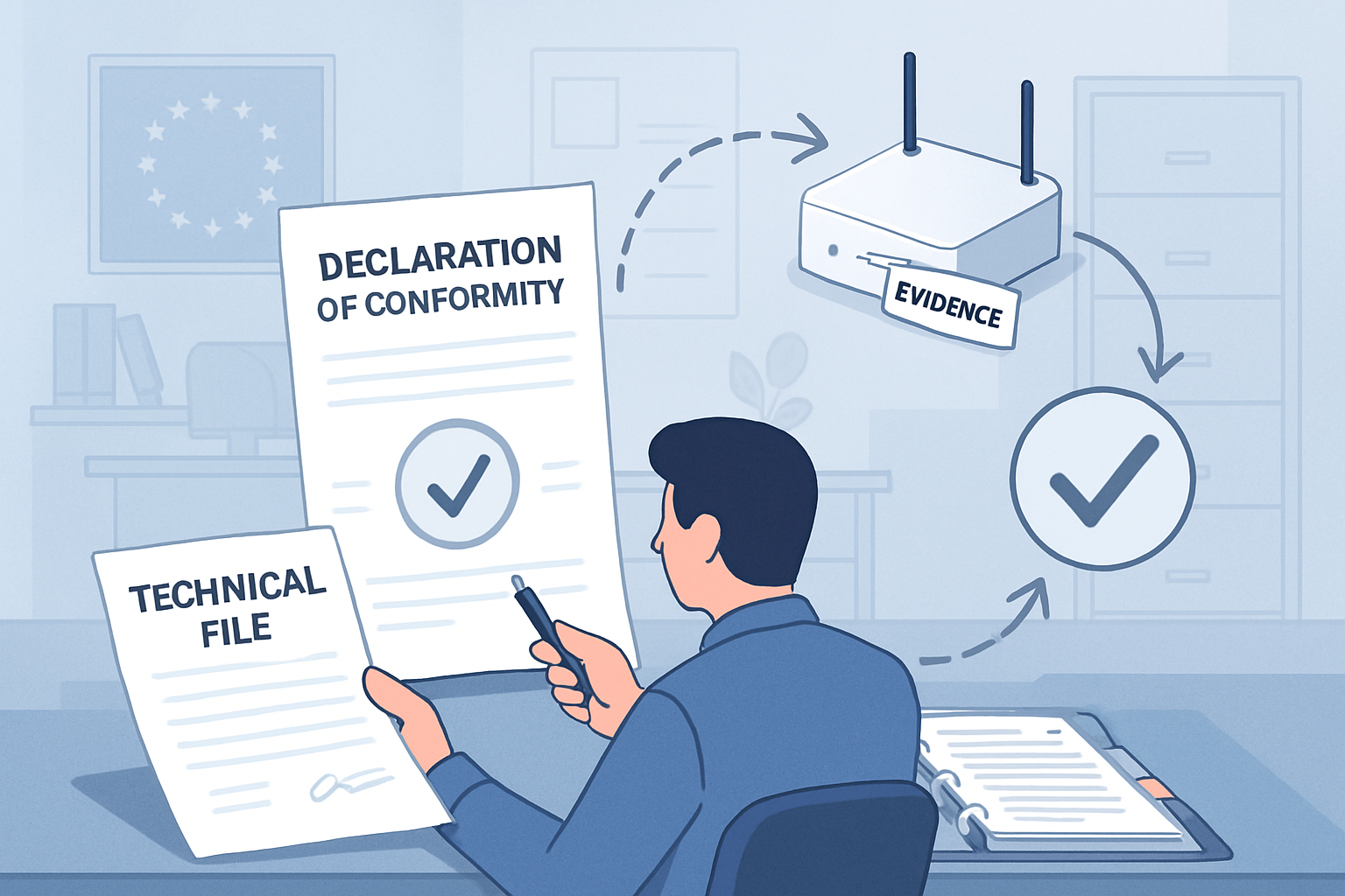 A market surveillance documentary check: inspector reviewing a Declaration of Conformity and technical file next to a sampled radio device