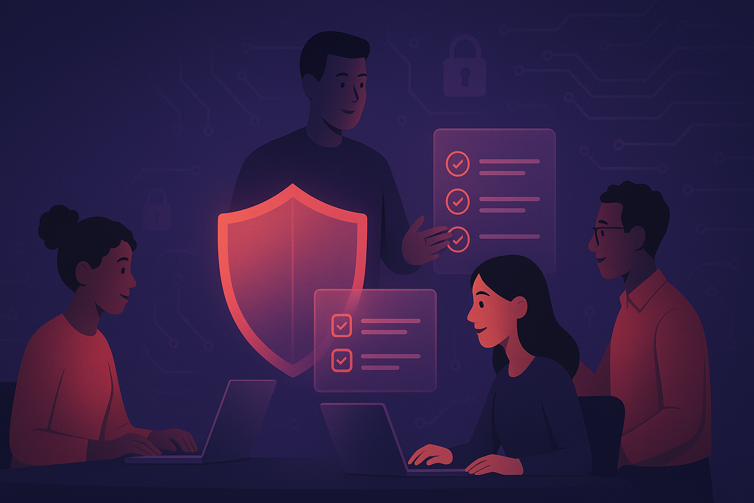 Illustration of the RedComply team collaborating around a security shield and compliance checklists